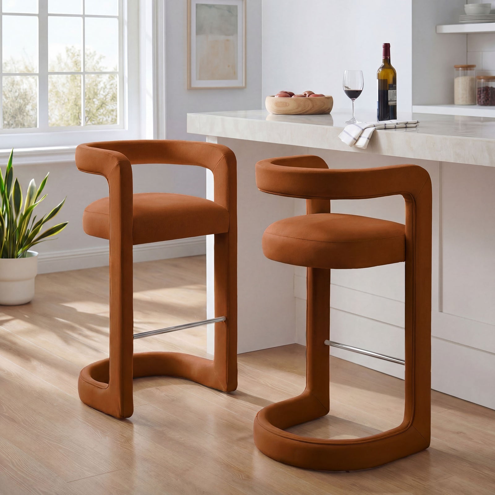 Winslow Performance Velvet Bar Stool Set of 2 in Rust