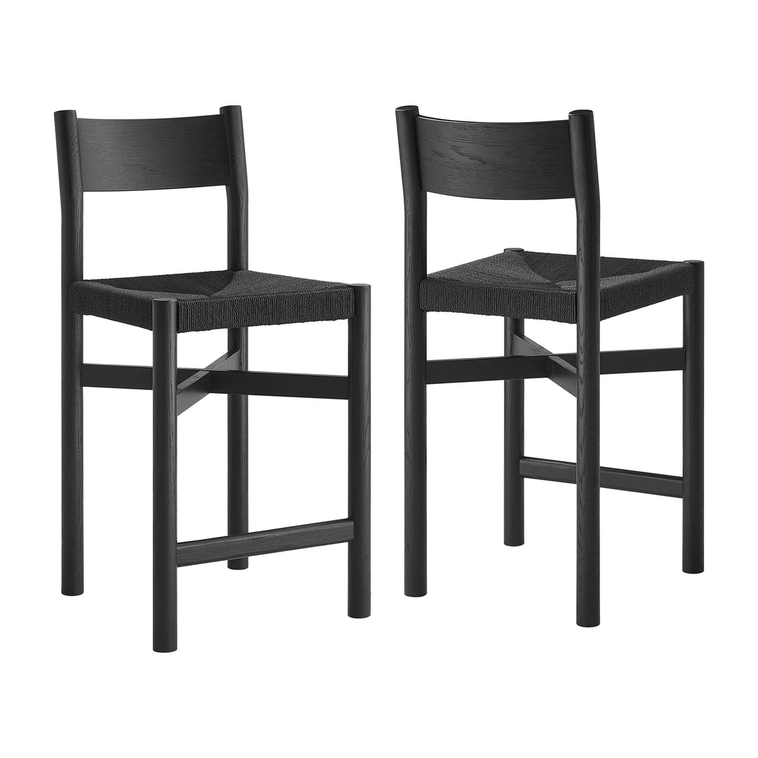 Alvia Oak Wood Counter Stools With Woven Seats Set of 2 in Black