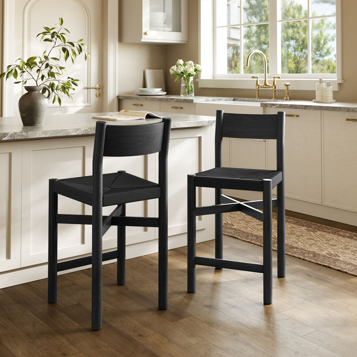 Alvia Oak Wood Counter Stools With Woven Seats Set of 2 in Black