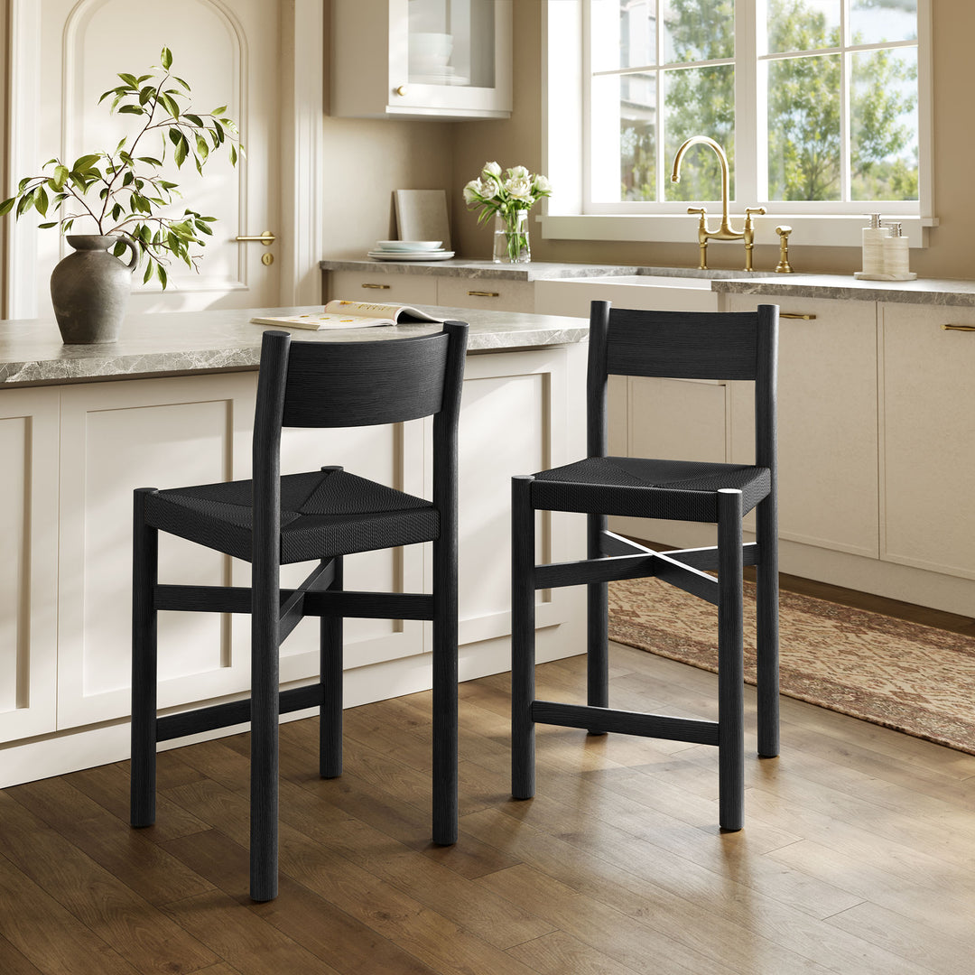 Alvia Oak Wood Counter Stools With Woven Seats Set of 2 in Black