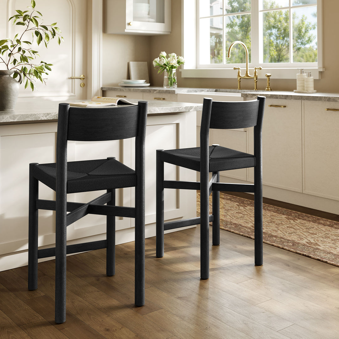 Alvia Oak Wood Counter Stools With Woven Seats Set of 2 in Black