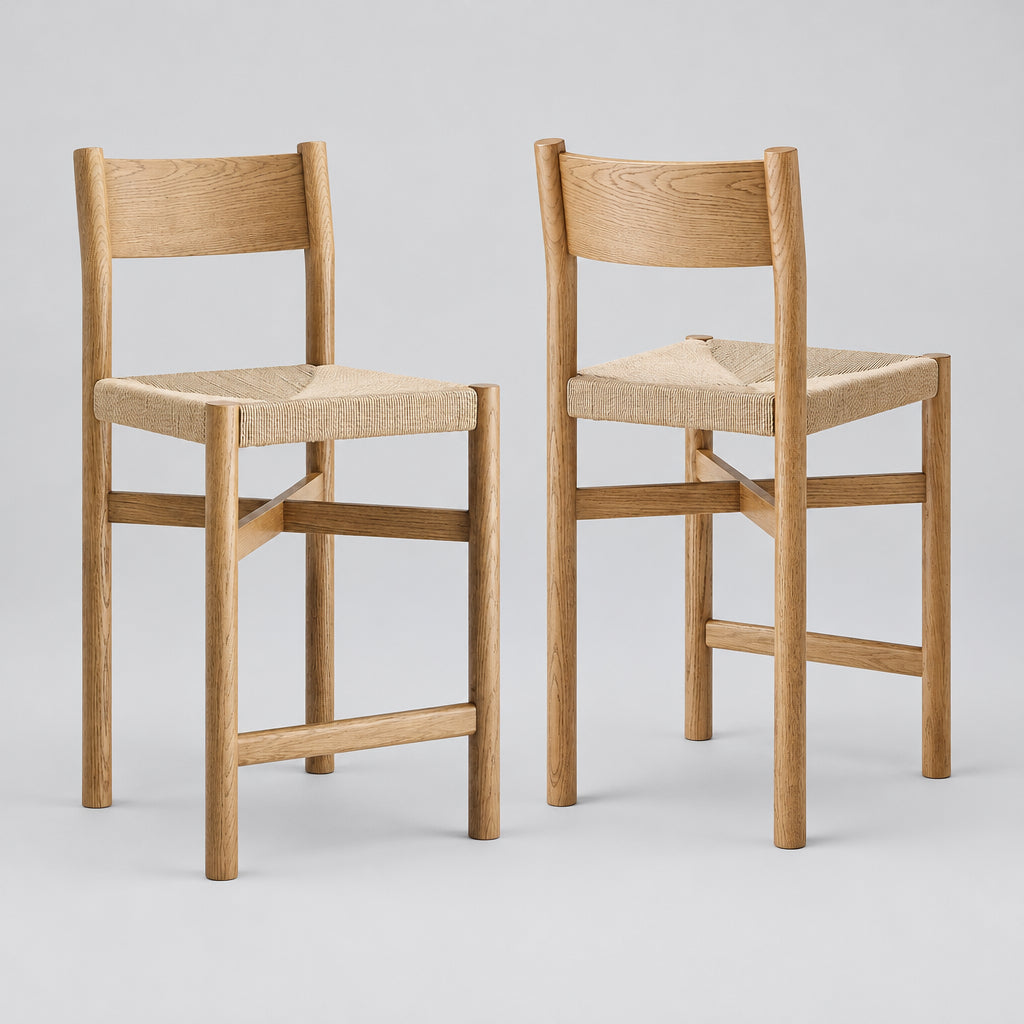 Alvia Oak Wood Counter Stools With Woven Seats Set of 2 in Weathered Oak