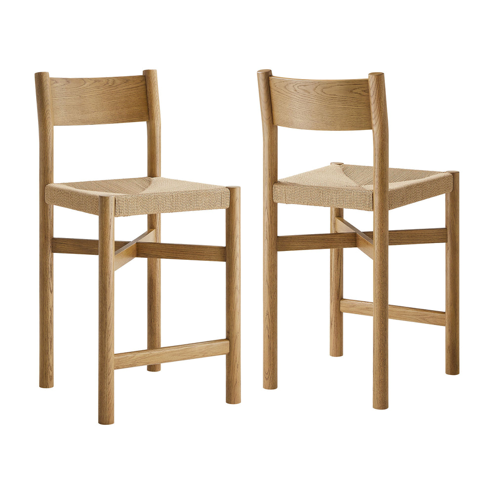 Alvia Oak Wood Counter Stools With Woven Seats Set of 2 in Weathered Oak