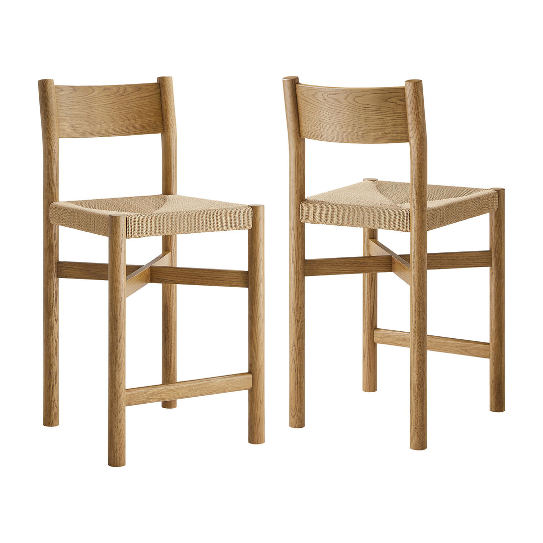 Alvia Oak Wood Counter Stools With Woven Seats Set of 2 in Weathered Oak