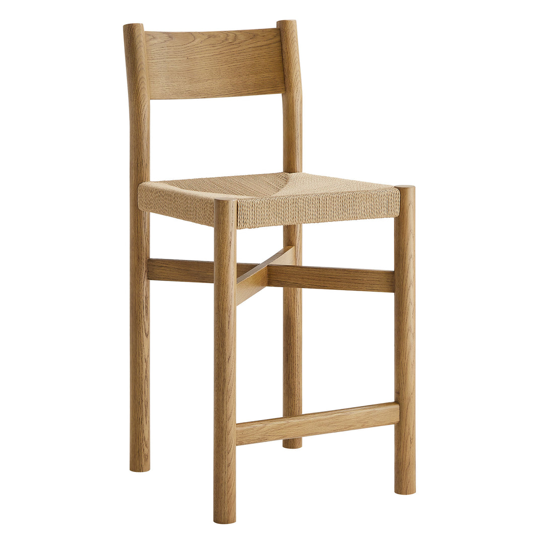 Alvia Oak Wood Counter Stools With Woven Seats Set of 2 in Weathered Oak