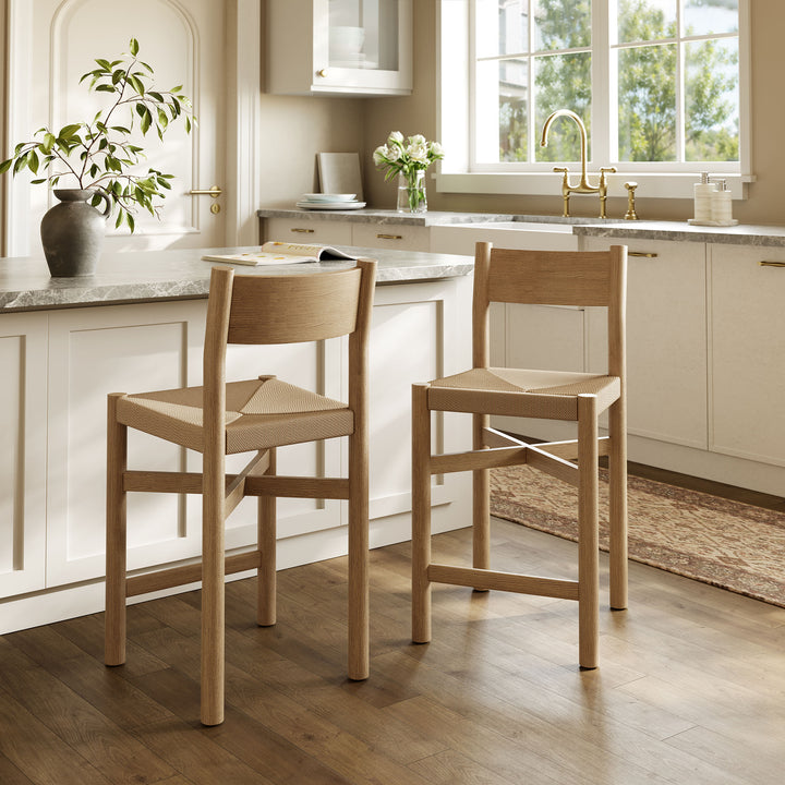 Alvia Oak Wood Counter Stools With Woven Seats Set of 2 in Weathered Oak
