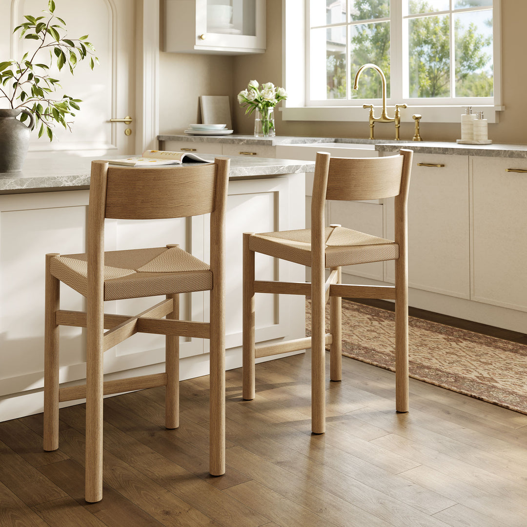 Alvia Oak Wood Counter Stools With Woven Seats Set of 2 in Weathered Oak