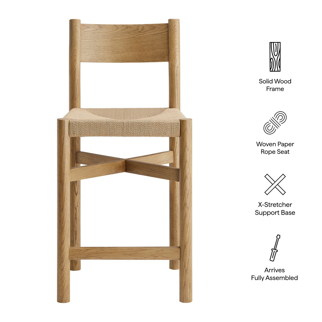 Alvia Oak Wood Counter Stools With Woven Seats Set of 2 in Weathered Oak