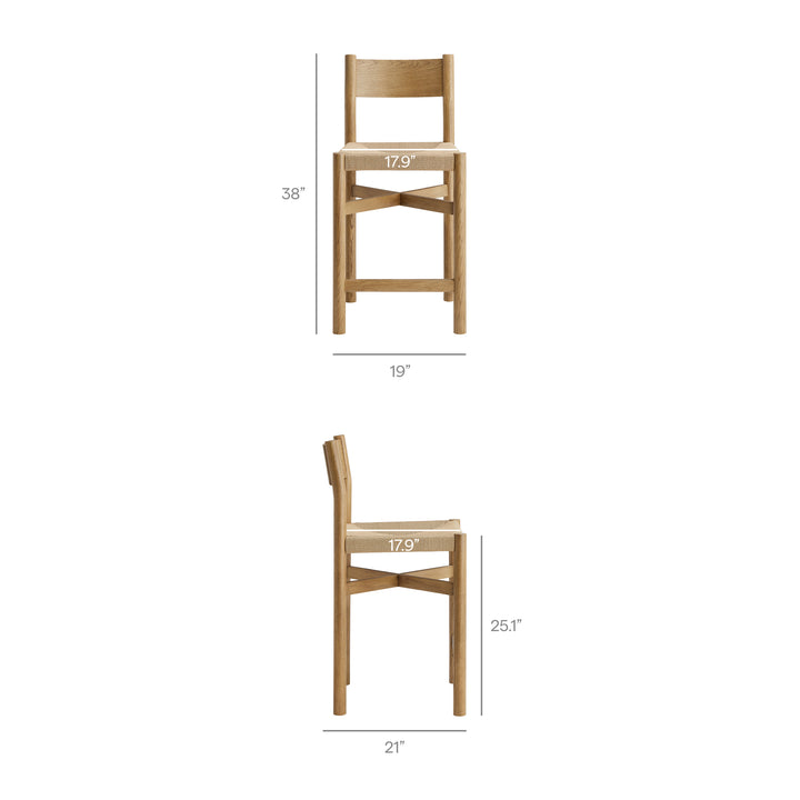 Alvia Oak Wood Counter Stools With Woven Seats Set of 2 in Weathered Oak