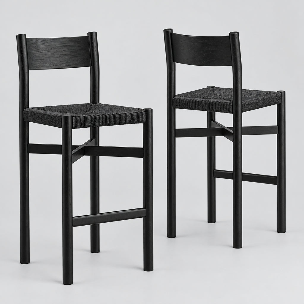 Alvia Oak Wood Bar Stools With Woven Seats Set of 2 in Black