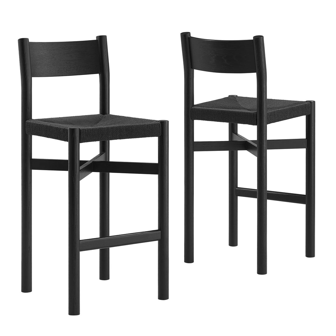 Alvia Oak Wood Bar Stools With Woven Seats Set of 2 in Black