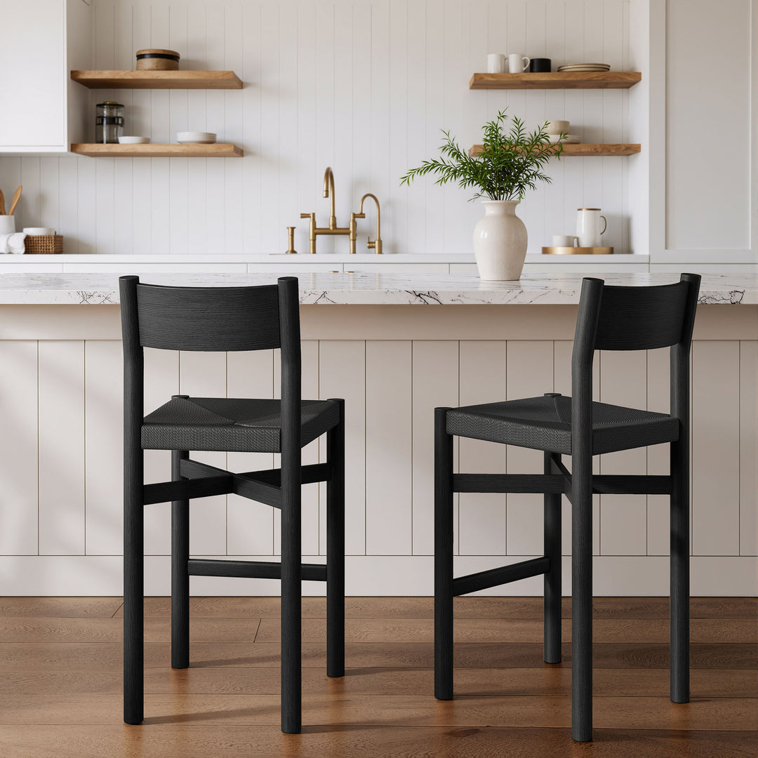 Alvia Oak Wood Bar Stools With Woven Seats Set of 2 in Black