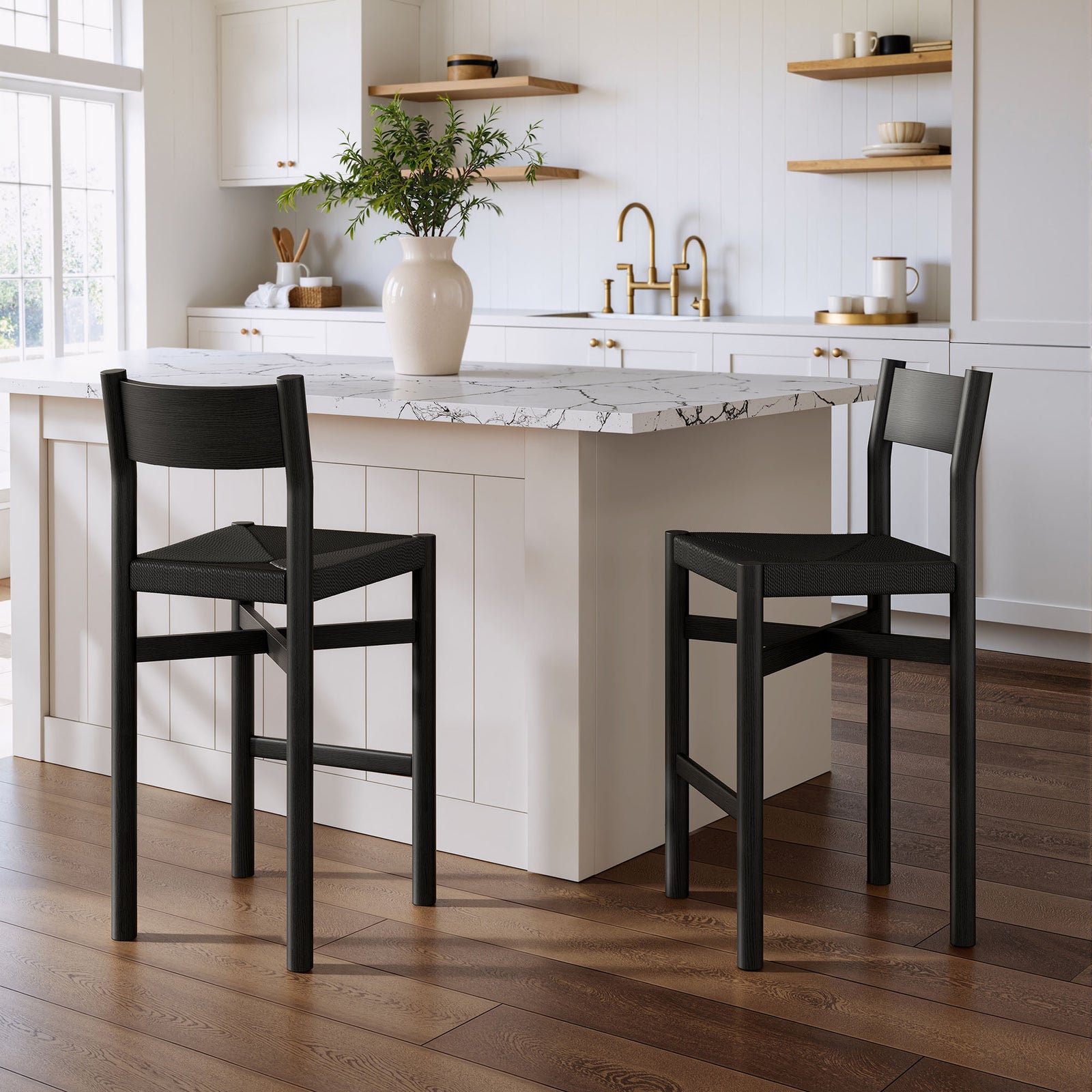 Alvia Oak Wood Bar Stools With Woven Seats Set of 2 in Black
