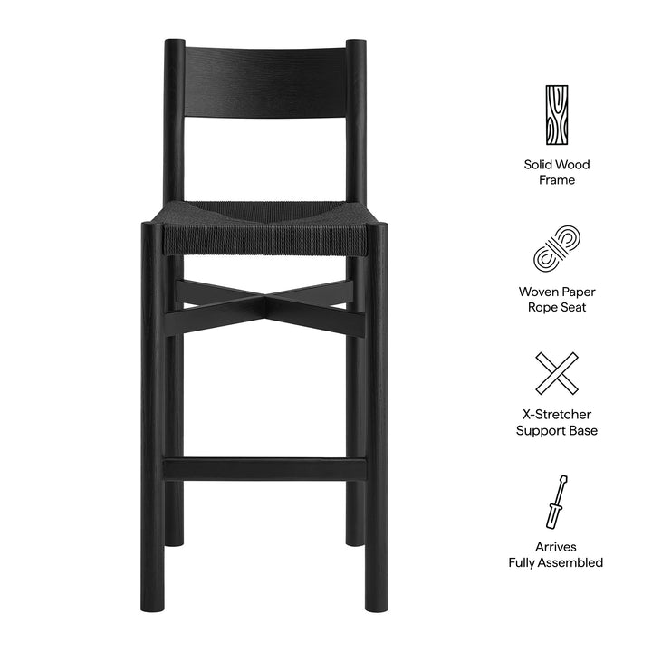 Alvia Oak Wood Bar Stools With Woven Seats Set of 2 in Black