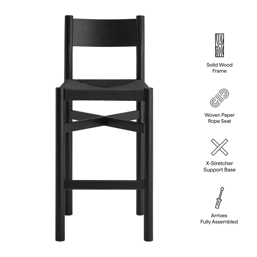 Alvia Oak Wood Bar Stools With Woven Seats Set of 2 in Black