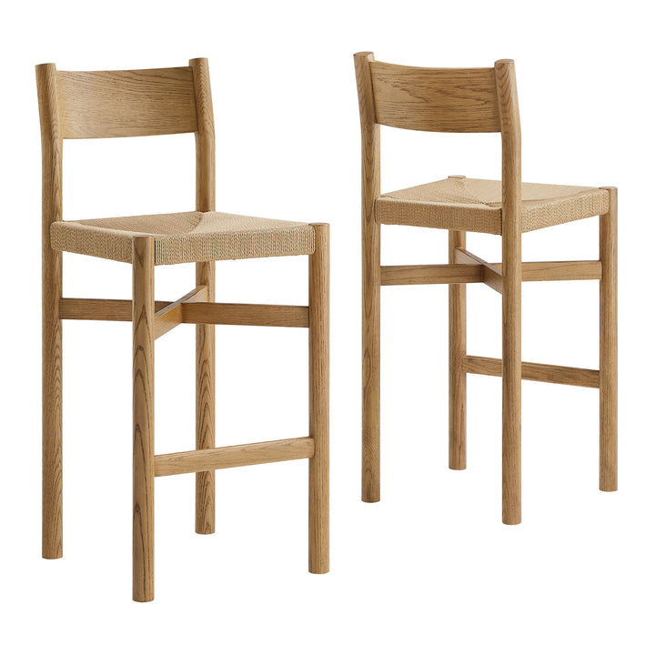 Alvia Oak Wood Bar Stools With Woven Seats Set of 2 in Weathered Oak