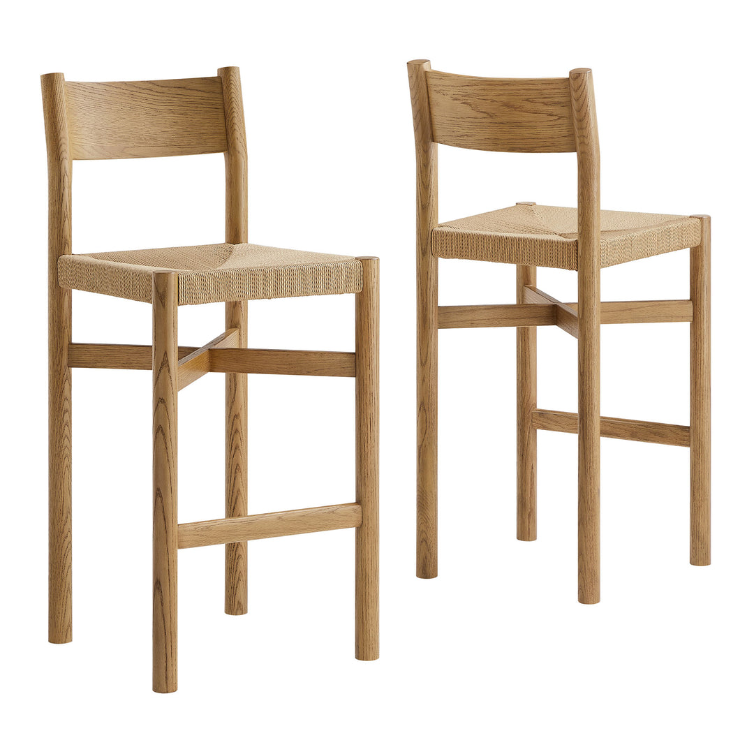 Alvia Oak Wood Bar Stools With Woven Seats Set of 2 in Weathered Oak