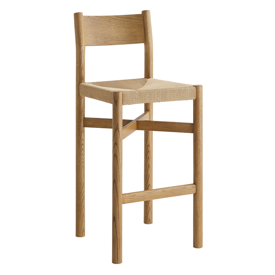 Alvia Oak Wood Bar Stools With Woven Seats Set of 2 in Weathered Oak