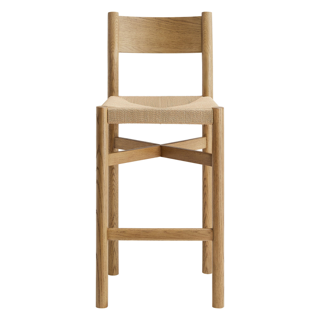 Alvia Oak Wood Bar Stools With Woven Seats Set of 2 in Weathered Oak