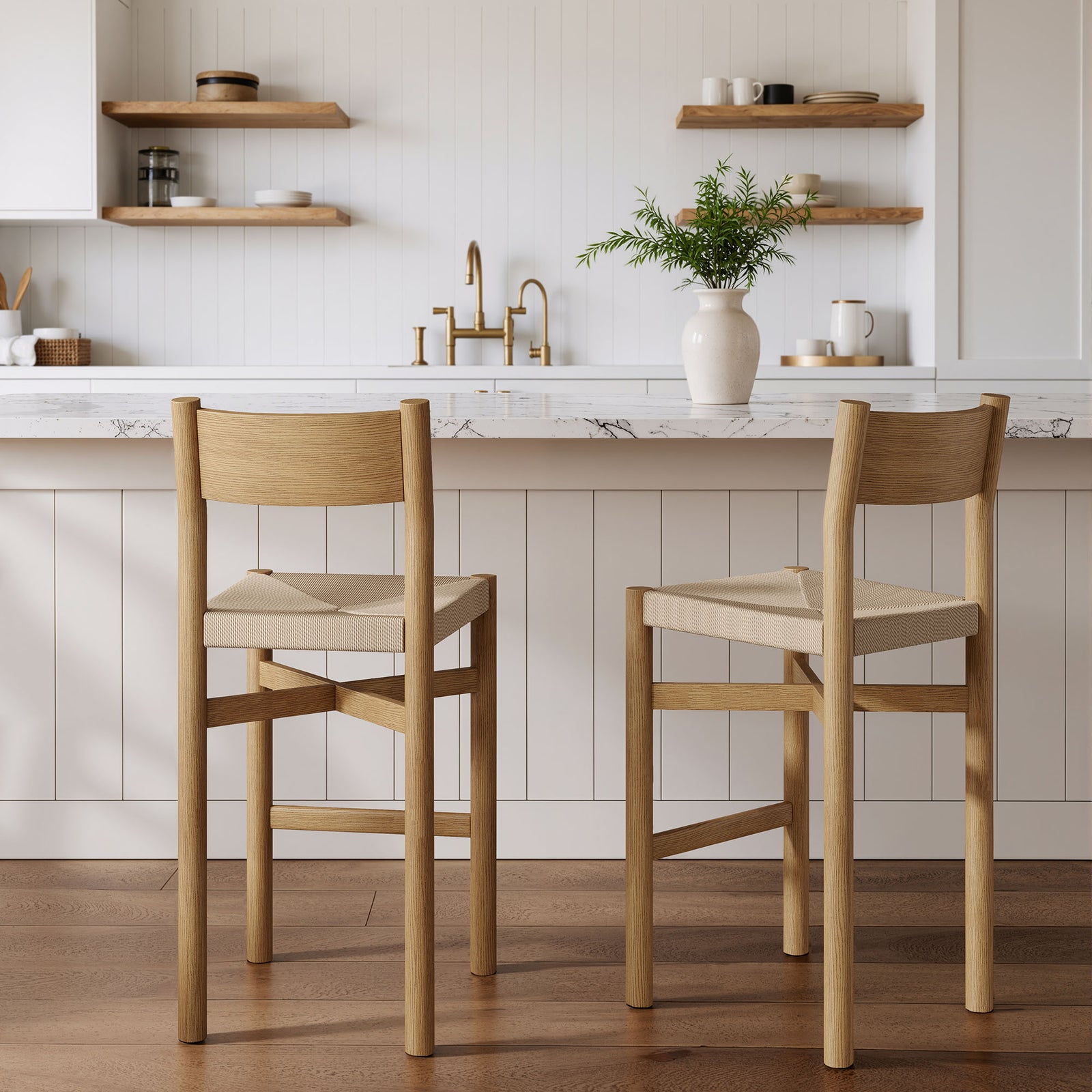 Alvia Oak Wood Bar Stools With Woven Seats Set of 2 in Weathered Oak