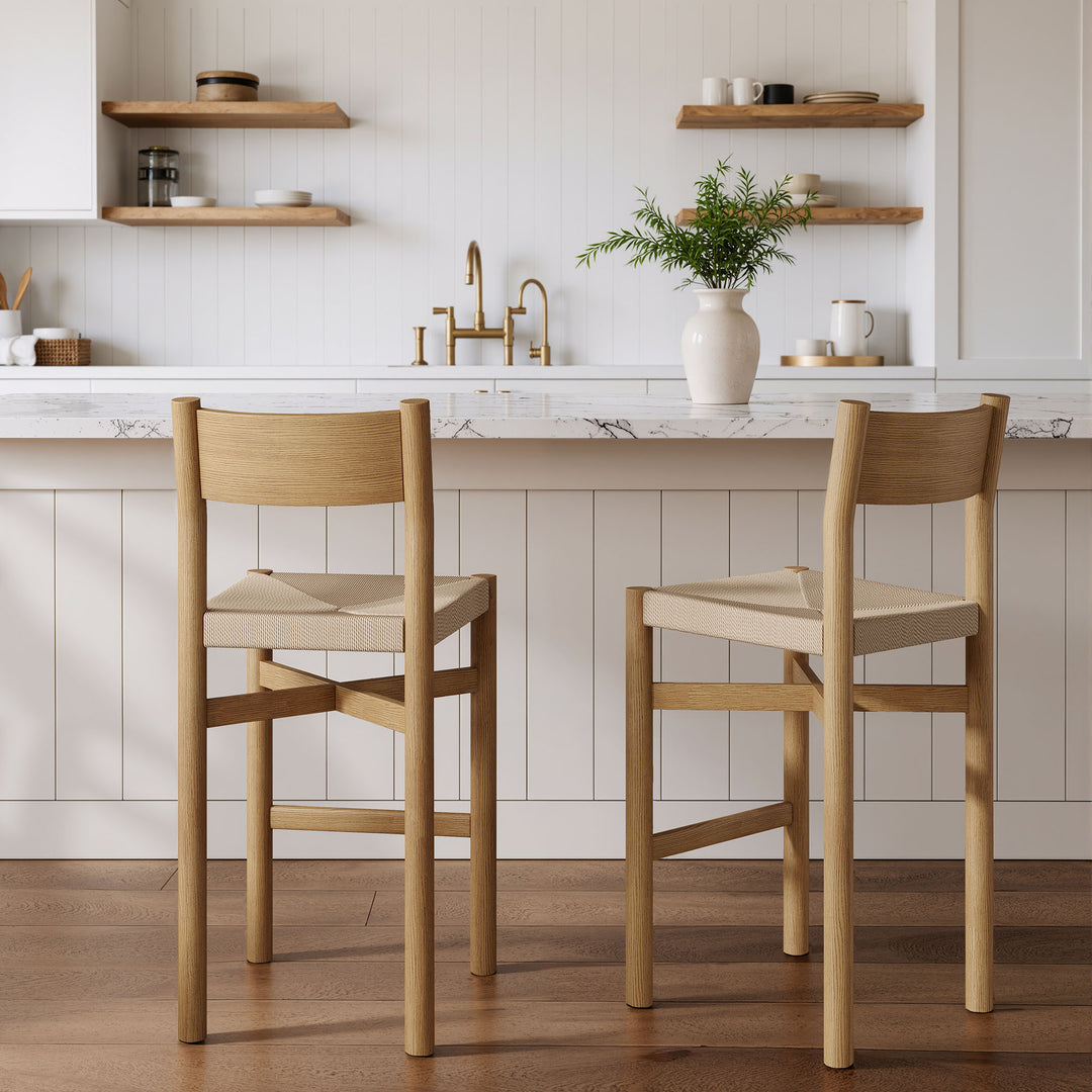 Alvia Oak Wood Bar Stools With Woven Seats Set of 2 in Weathered Oak