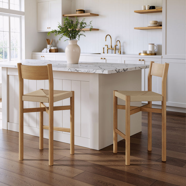 Alvia Oak Wood Bar Stools With Woven Seats Set of 2 in Weathered Oak