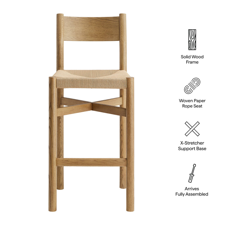 Alvia Oak Wood Bar Stools With Woven Seats Set of 2 in Weathered Oak