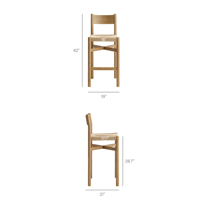 Alvia Oak Wood Bar Stools With Woven Seats Set of 2 in Weathered Oak