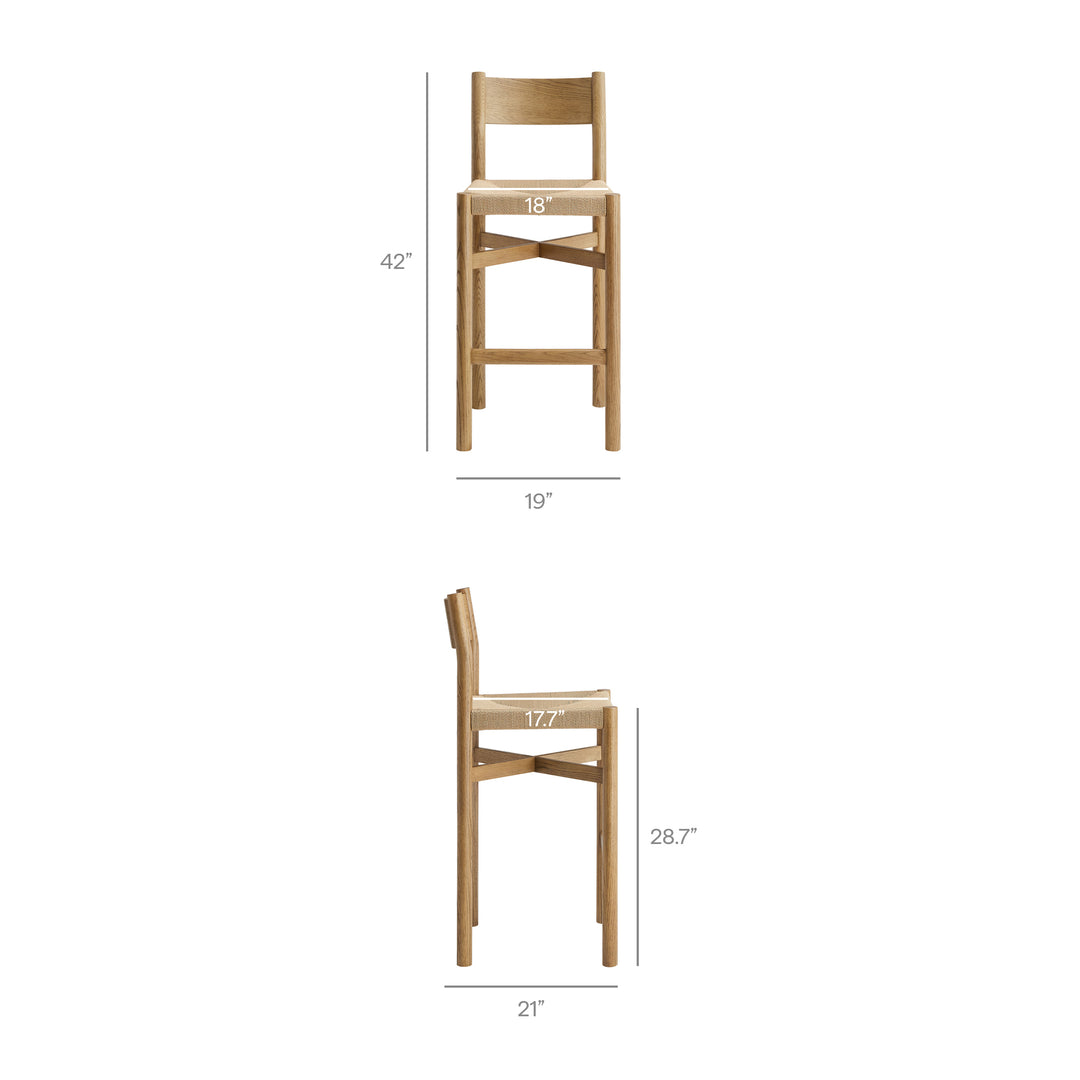 Alvia Oak Wood Bar Stools With Woven Seats Set of 2 in Weathered Oak