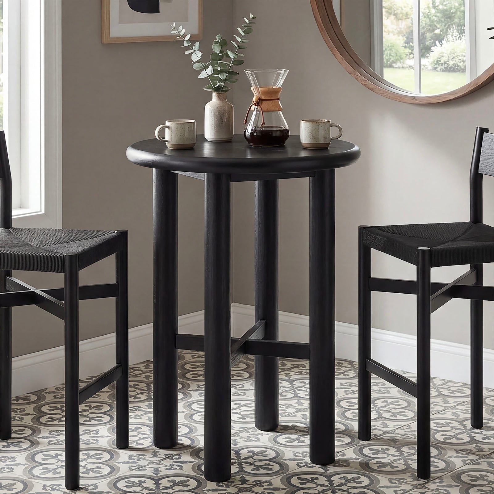 Alvia Round 30" Oak Wood Bar Table in Black