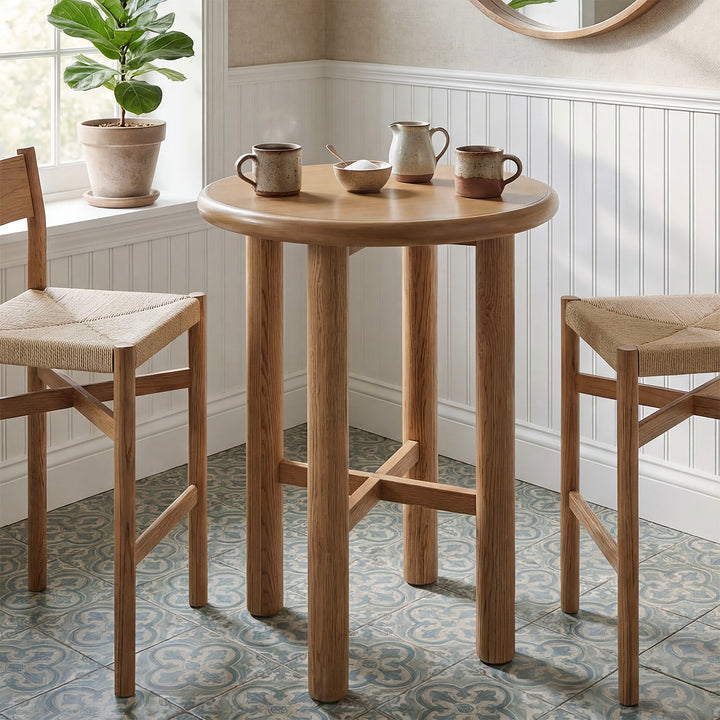 Alvia Round 30" Oak Wood Bar Table in Weathered Oak