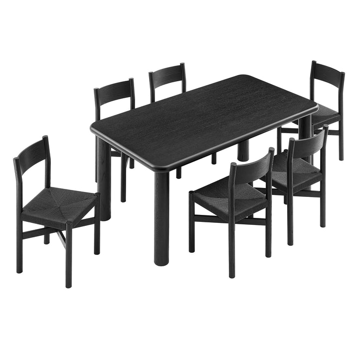Alvia 7-Piece Oak Wood Dining Table and Chairs Set in Black