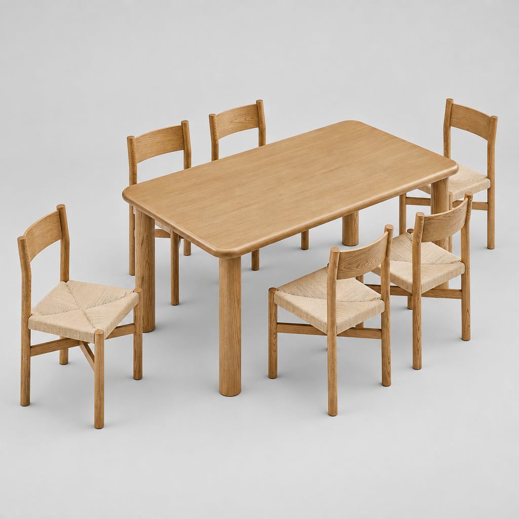 Alvia 7-Piece Oak Wood Dining Table and Chairs Set in Weathered Oak