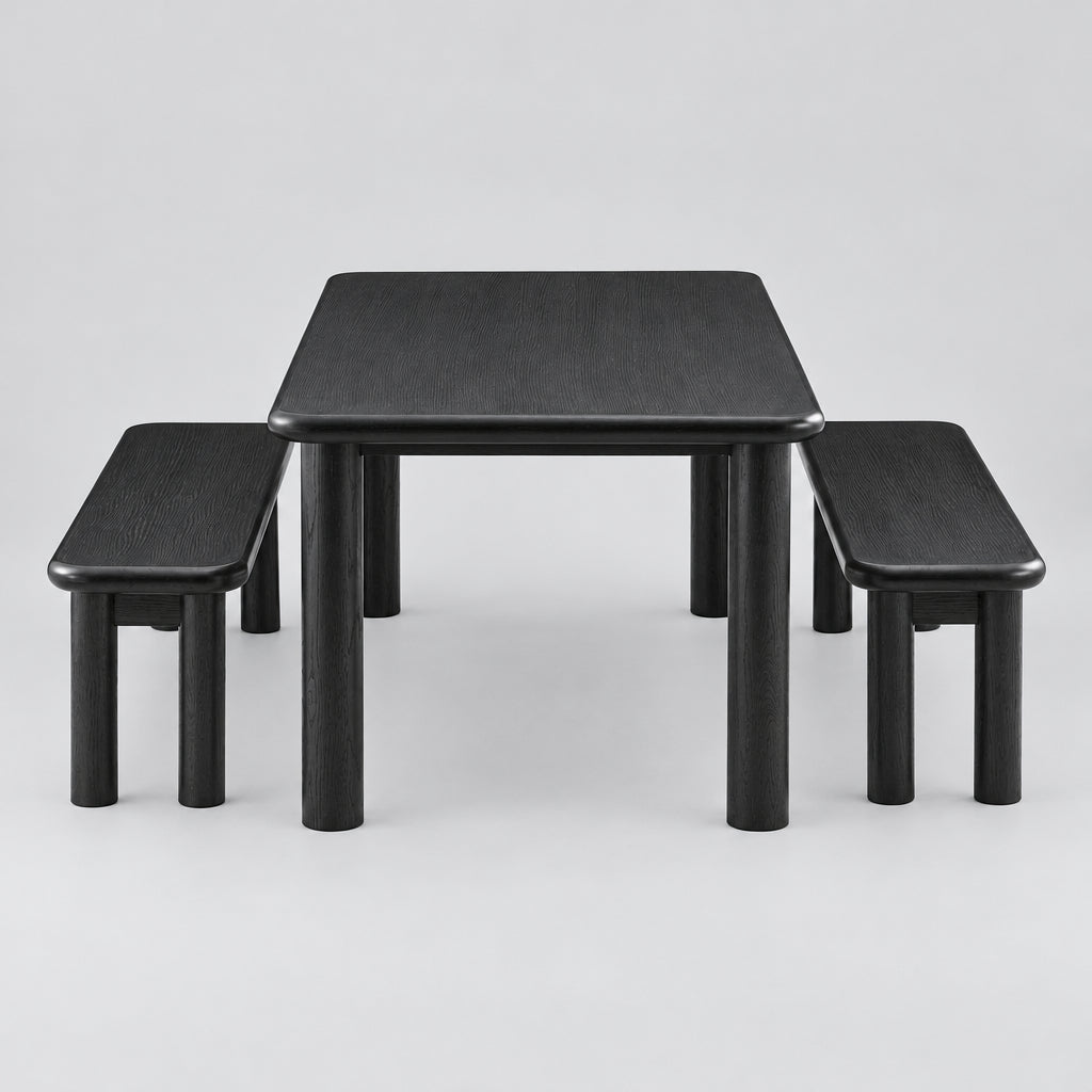 Alvia 3-Piece Oak Wood Dining Table and Benches Set in Black