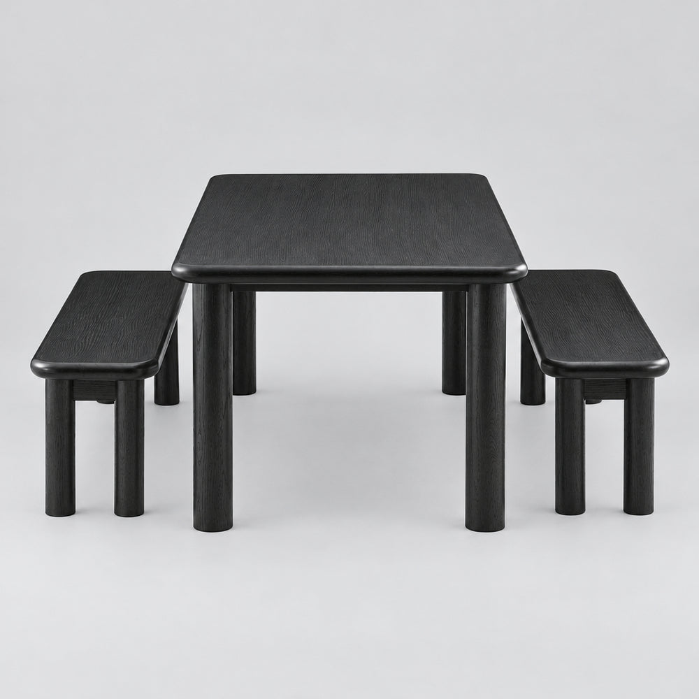Alvia 3-Piece Oak Wood Dining Table and Benches Set in Black