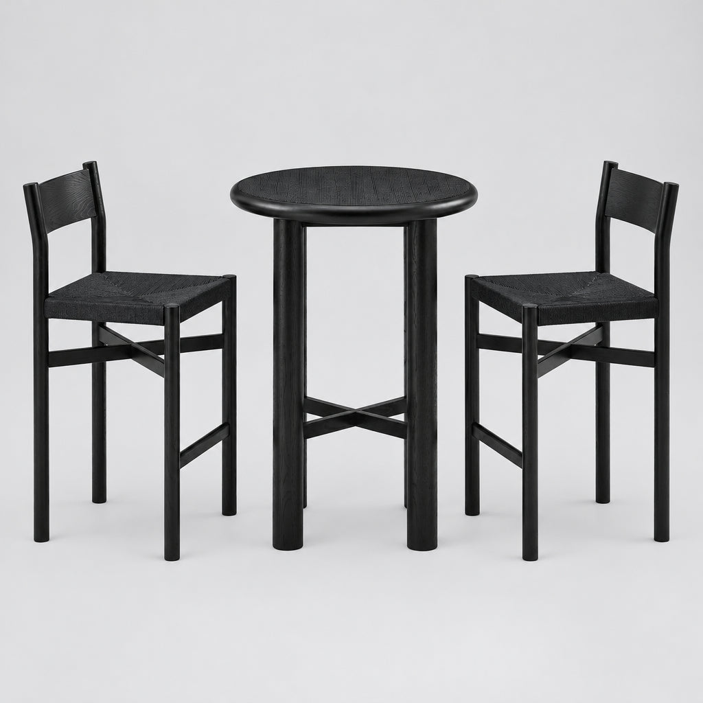 Alvia 3-Piece Round Oak Wood Bar Table With Bar Stools Set in Black