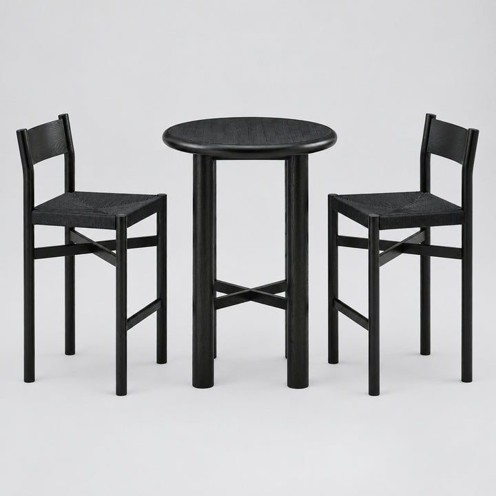 Alvia 3-Piece Round Oak Wood Bar Table With Bar Stools Set in Black