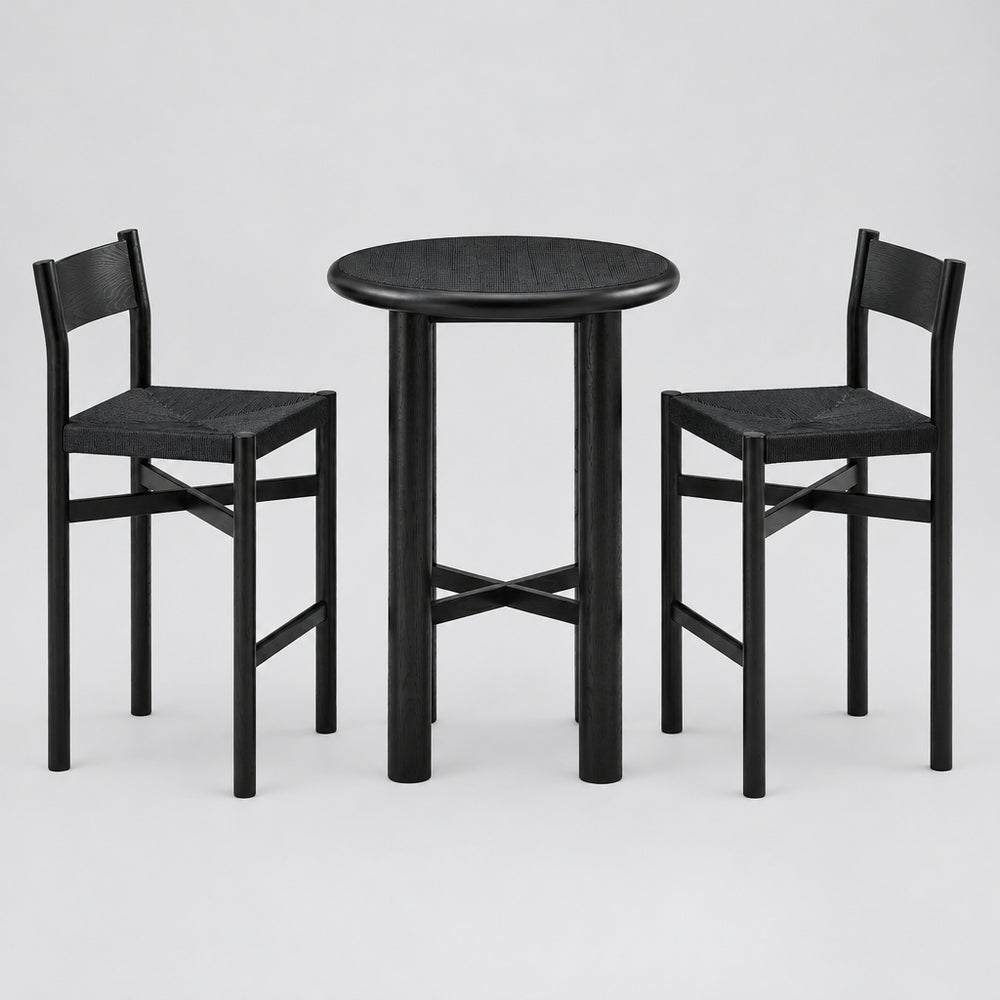 Alvia 3-Piece Round Oak Wood Bar Table With Bar Stools Set in Black