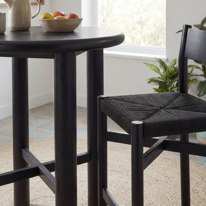 Alvia 3-Piece Round Oak Wood Bar Table With Bar Stools Set in Black