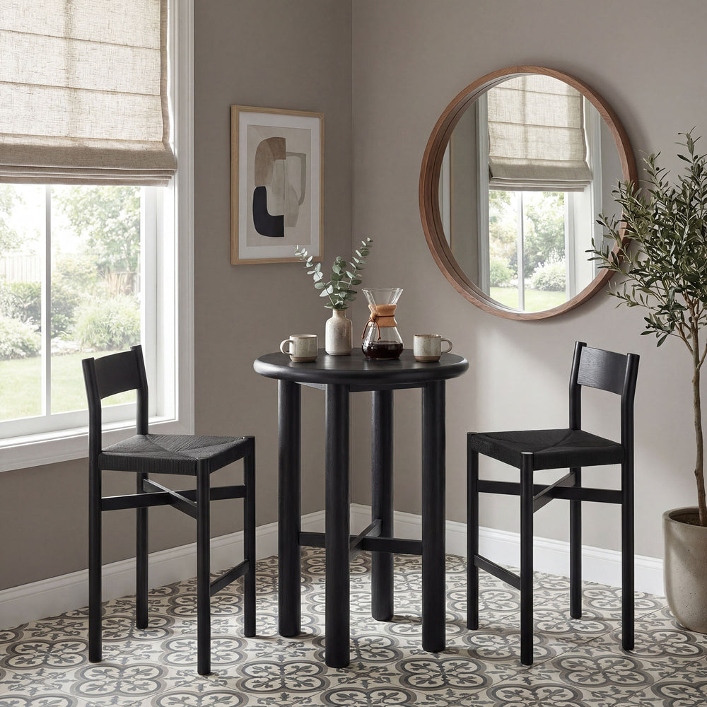 Alvia 3-Piece Round Oak Wood Bar Table With Bar Stools Set in Black
