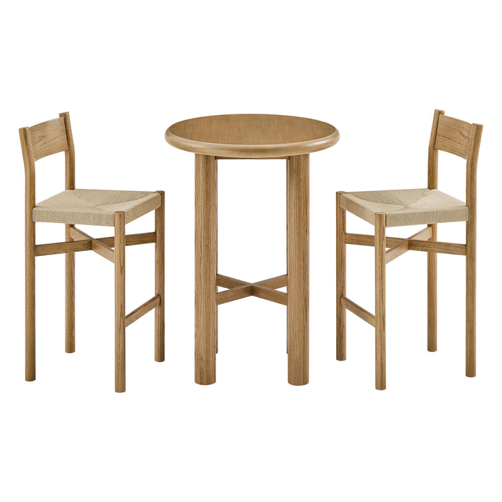 Alvia 3-Piece Round Oak Wood Bar Table With Bar Stools Set in Weathered Oak