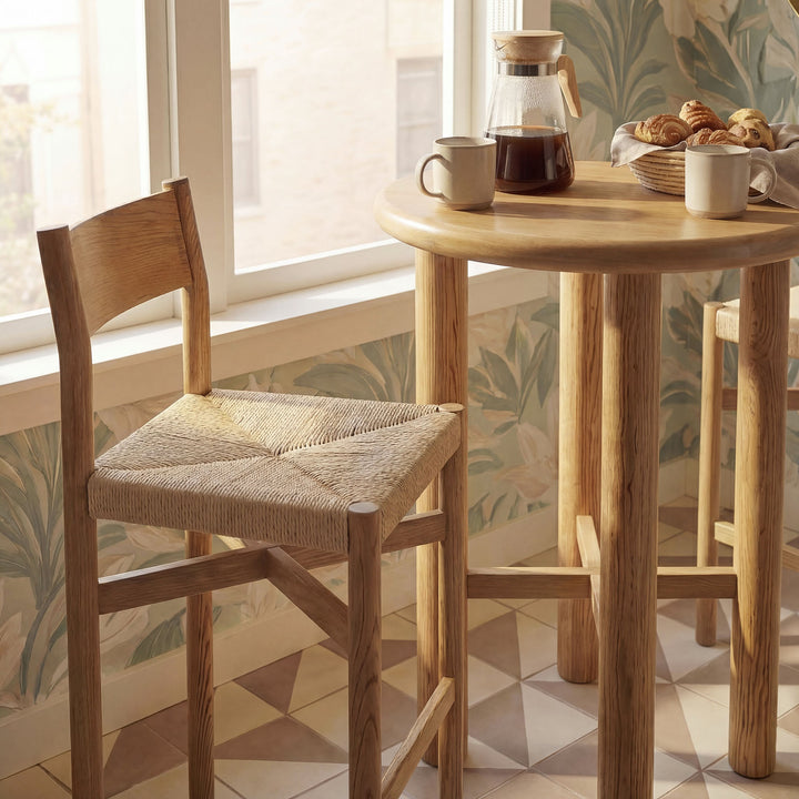 Alvia 3-Piece Round Oak Wood Bar Table With Bar Stools Set in Weathered Oak