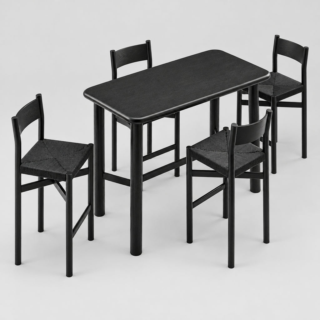Alvia 5-Piece Rectangular Oak Wood Bar Table With Bar Stools Set in Black