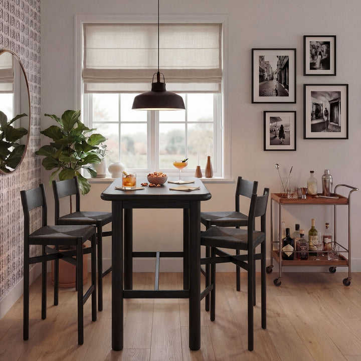 Alvia 5-Piece Rectangular Oak Wood Bar Table With Bar Stools Set in Black
