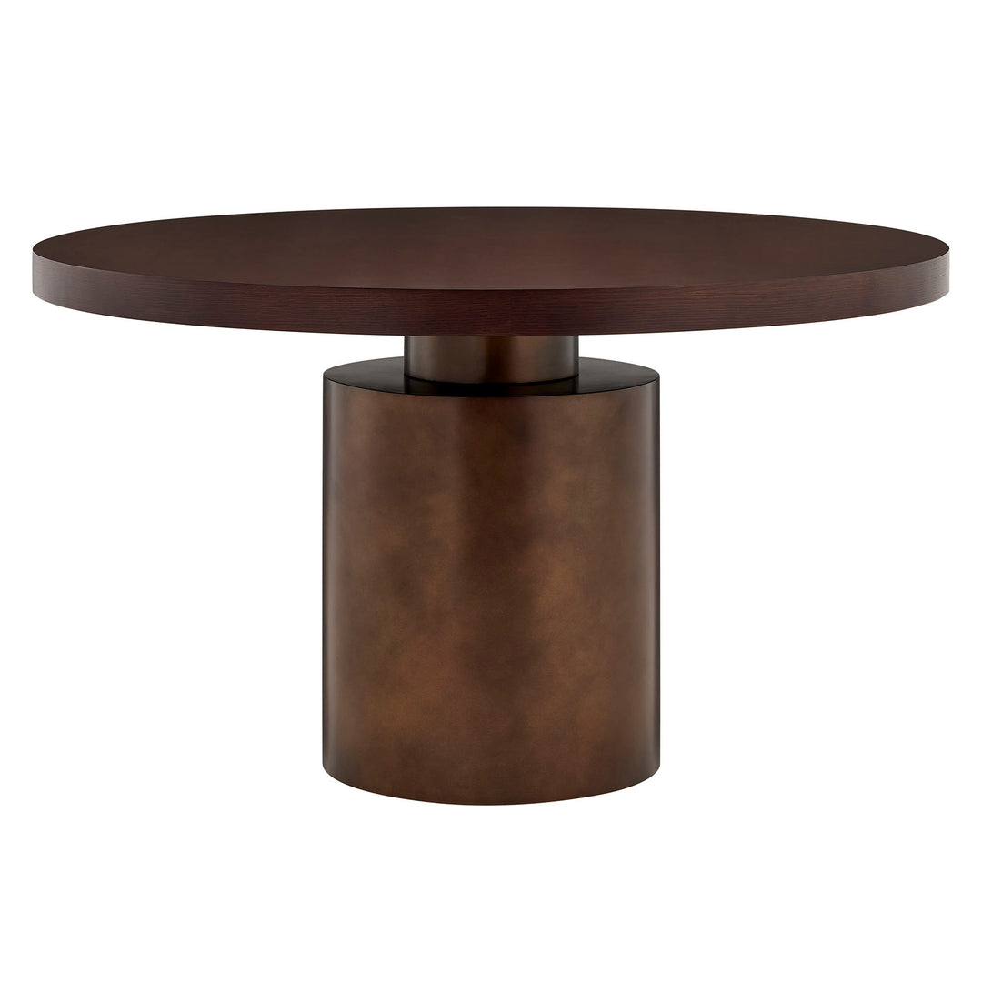 Annette 54 Inch Round Pedestal Base Dining Table in Dark Walnut Burnished Brass