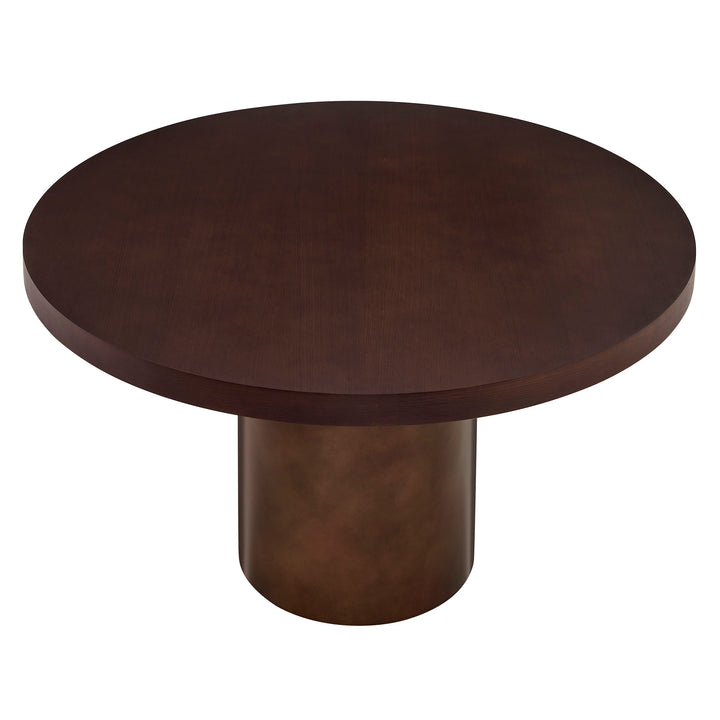 Annette 54 Inch Round Pedestal Base Dining Table in Dark Walnut Burnished Brass