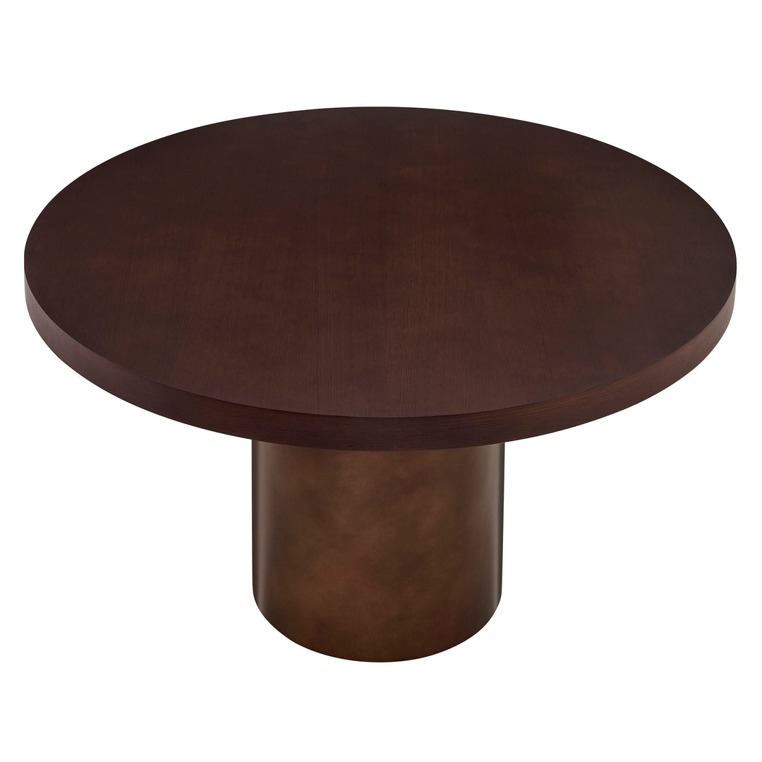 Annette 54 Inch Round Pedestal Base Dining Table in Dark Walnut Burnished Brass