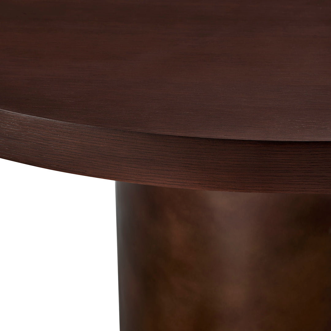 Annette 54 Inch Round Pedestal Base Dining Table in Dark Walnut Burnished Brass