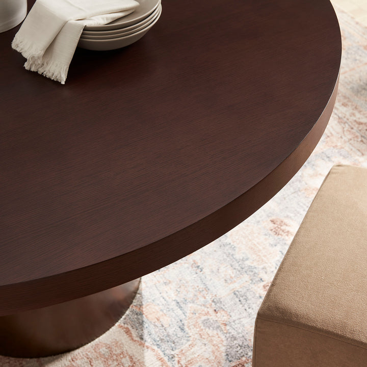 Annette 54 Inch Round Pedestal Base Dining Table in Dark Walnut Burnished Brass