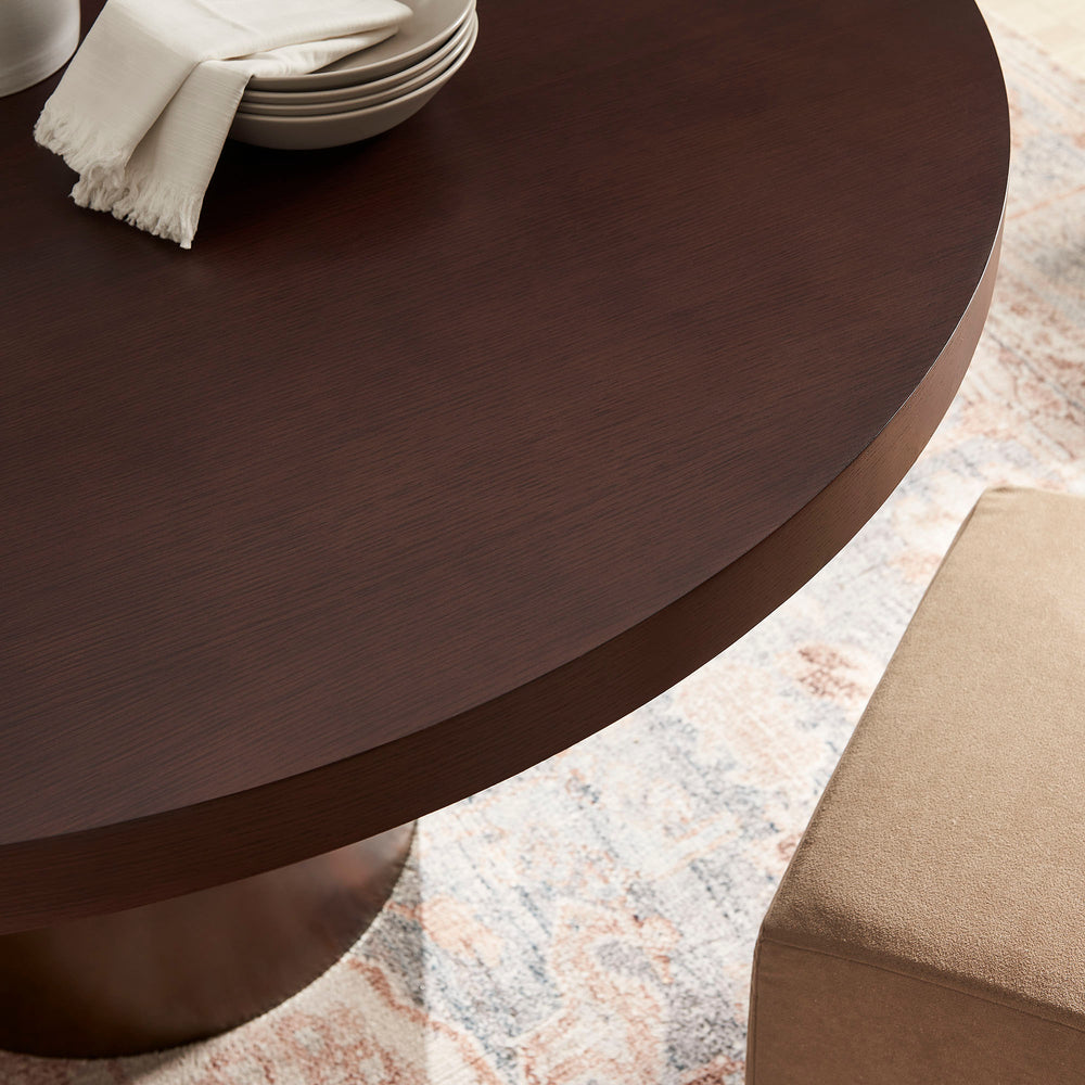 Annette 54 Inch Round Pedestal Base Dining Table in Dark Walnut Burnished Brass
